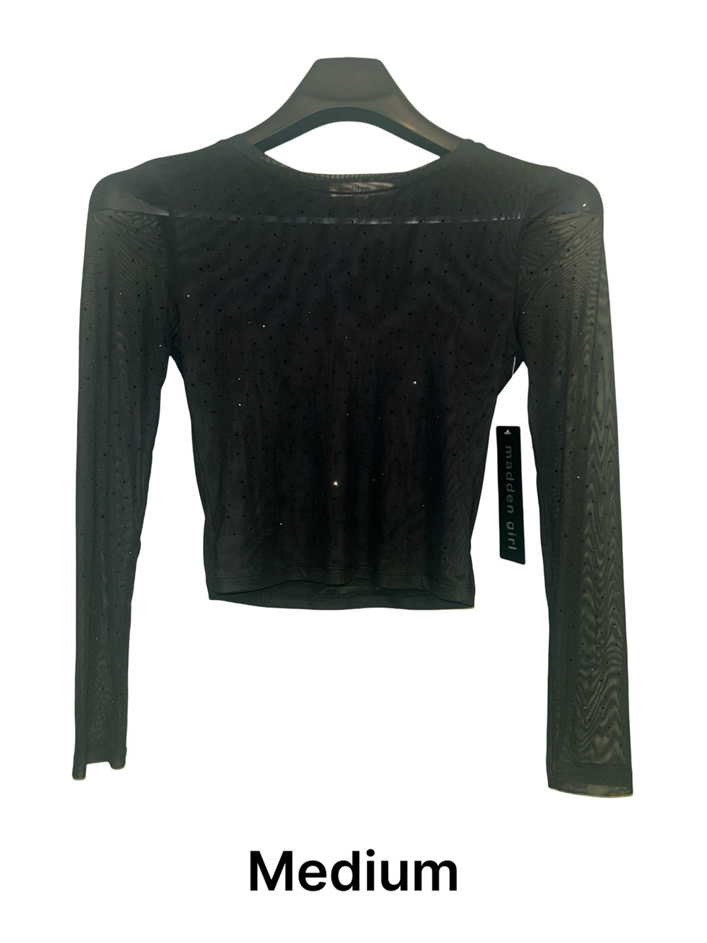 Madden Girl Black Sheer Long-Sleeve Rhinestone Crop Top